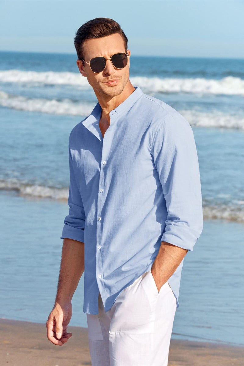 Makkrom Men Linen Shirt Button Down Long Sleeve Cotton Beach Band Collar Casual Summer Shirts - Image 5